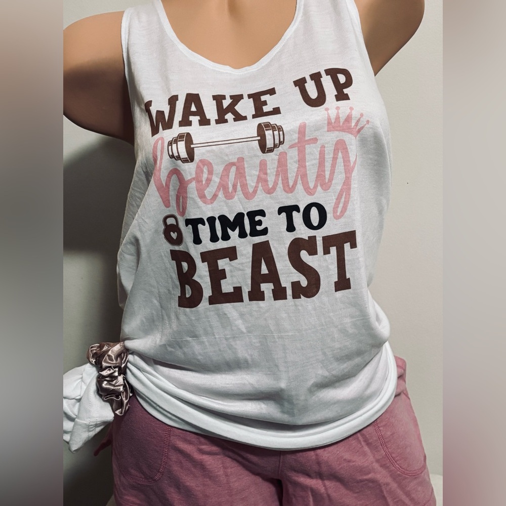 Wake Up Beauty Muscle Tee - White and Pink